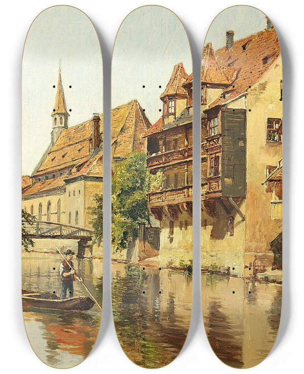 Triptych art skateboard deck of August Fischer En Mand I En Bd I En Tysk By by August Fischer (1854-1921)