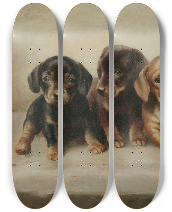 Triptych art skateboard deck of Carl Reichert Four Dachshund Puppies by Carl Reichert (1836-1918)