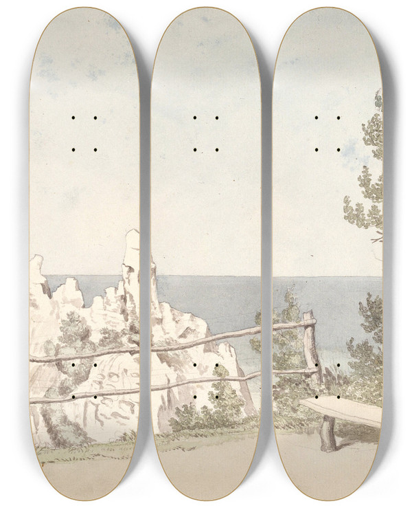 Triptych art skateboard deck of Christoffer Wilhelm Eckersberg Udsigt Fra Mns Klint Ved Sommerspiret_1 by Christoffer Wilhelm Eckersberg (1783-1853)