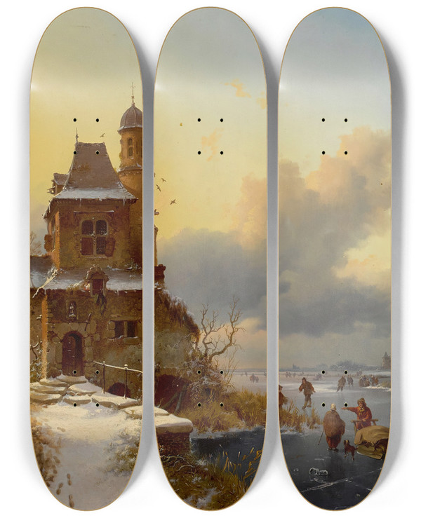 Triptych art skateboard deck of Frederik Marinus Kruseman Winter Landscape With Skaters_1 by Frederik Marinus Kruseman (1816-1882)