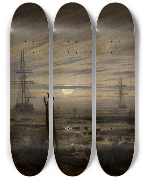 Triptych art skateboard deck of Caspar David Friedrich Ships At Anchor by Caspar David Friedrich (1774-1840)