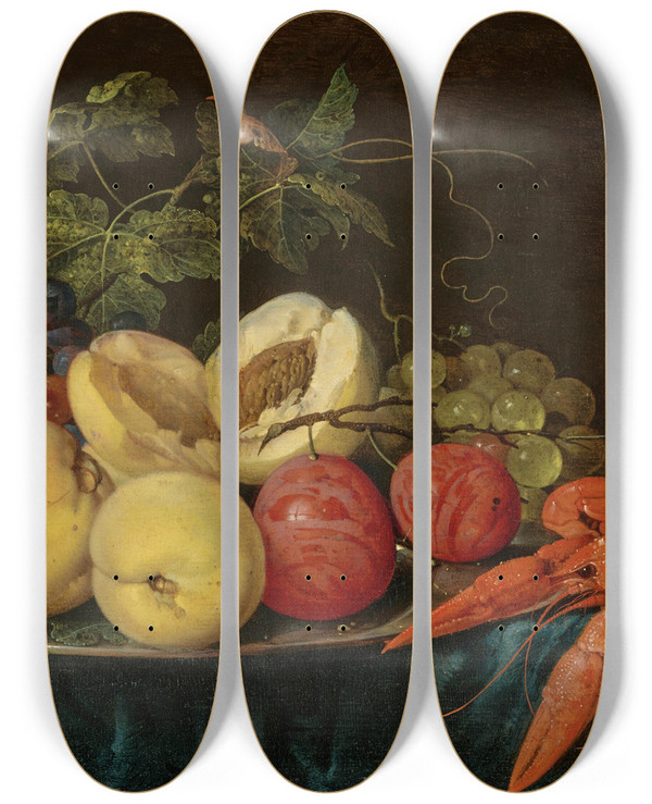 Triptych art skateboard deck of Jan Davidsz De Heem Fruit On A Silver Platter With Lobsters On A Partially Draped Table by Jan Davidsz de Heem (1606-1684)
