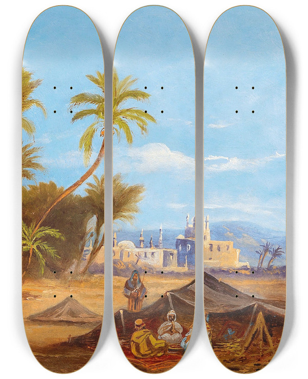 Triptych art skateboard deck of Friedrich Perlberg Palm Woodland Near Cairo by Friedrich Perlberg (1848-1921)