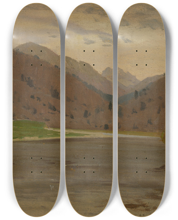 Triptych art skateboard deck of Ferdinand Katona Mountain Landscape_3 by Ferdinand Katona (1864-1932)