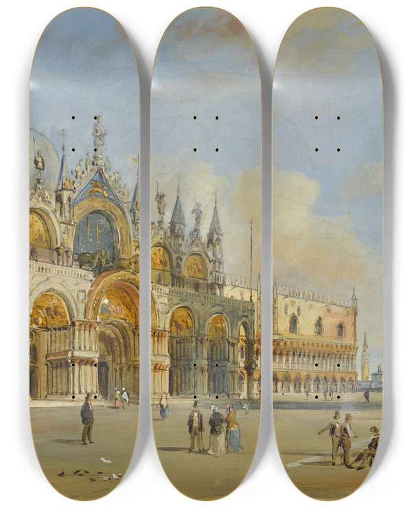Triptych art skateboard deck of Carlo Grubacs A View Of The Basilica Di San Marco by Carlo Grubacs (1812-1870)