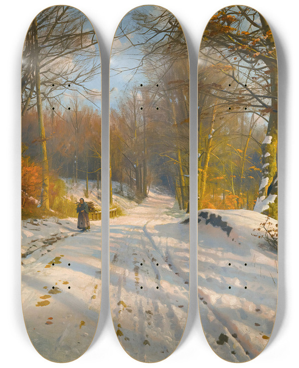 Triptych art skateboard deck of Peder Mrk Mnsted Winter Landscape by Peder Mork Monsted (1859-1941)