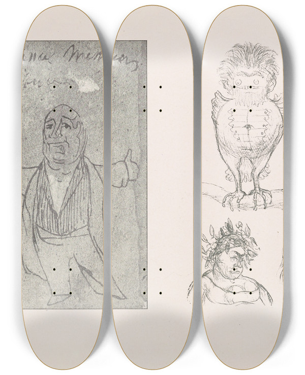 Triptych art skateboard deck of Pierre Puvis De Chavannes Les Caricatures De Puvis De Chavannes Pl10 by Pierre Puvis De Chavannes (1824-1898)