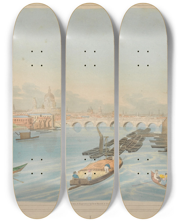 Triptych art skateboard deck of Robert Havell A View Of Blackfriars Bridge And St Pauls by Robert Havell