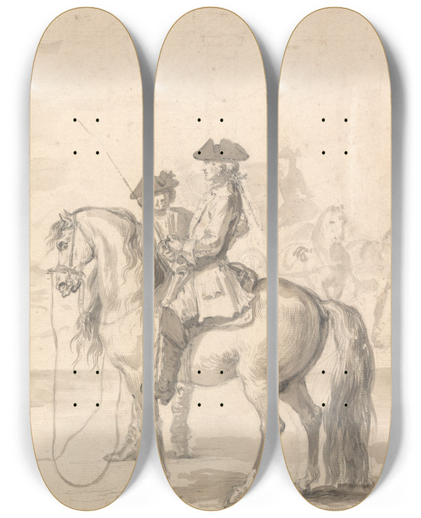 Triptych art skateboard deck of John Vanderbank The Scholar Placed In His Seat Without Styrrops by John Vanderbank (1694-1739)