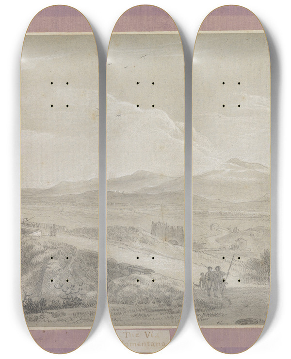 Triptych art skateboard deck of Richard Wilson The Via Nomentana by Richard Wilson (1714-1782)