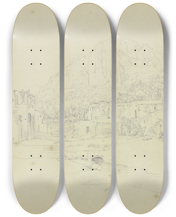 Triptych art skateboard deck of Johannes Thomas Square In Capri by Johannes Thomas (1793-1863)