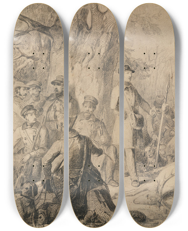 Triptych art skateboard deck of Johann Baptist Kirner Grand Ducal Hunting Party With Shot Deer Preparatory Sketch by Johann Baptist Kirner (1806-1866)