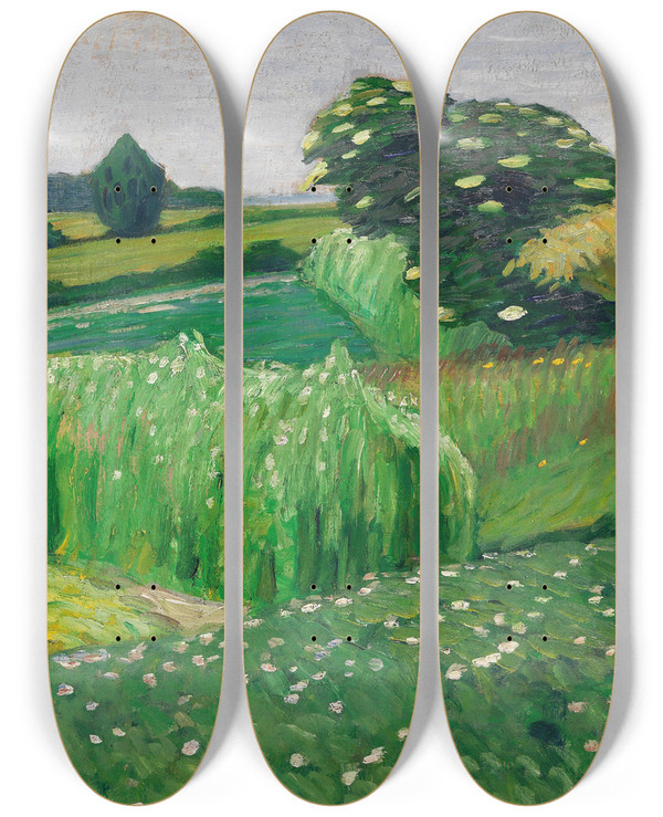 Triptych art skateboard deck of Otto Modersohn Sommerliche Wiesen Bei Fischerhude_1 by Otto Modersohn (1865-1943)