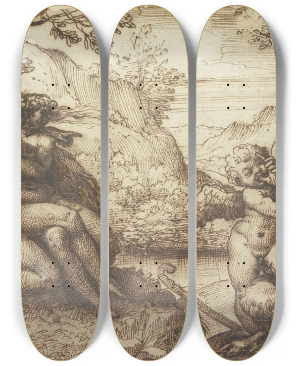 Triptych art skateboard deck of Agostino Carracci Omnia Vincit Amor by Agostino Carracci (1557-1602)