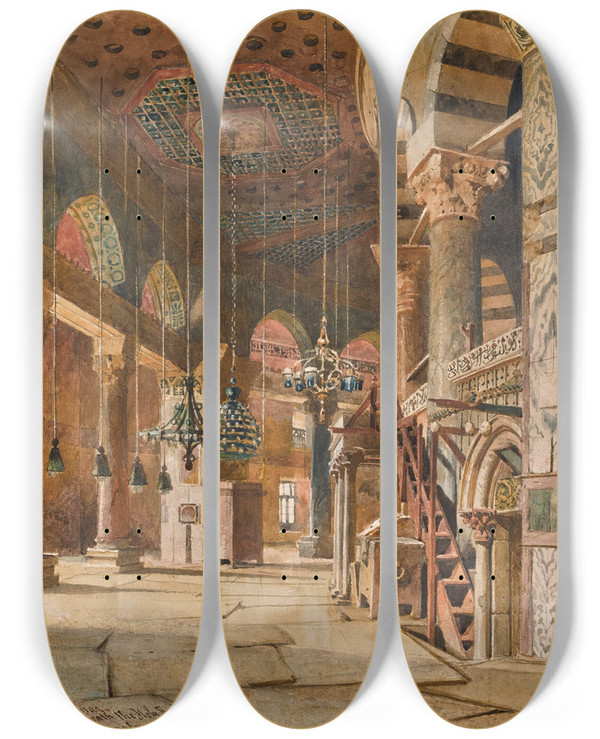 Triptych art skateboard deck of Carl Haag The Inner Corridor Of The Dome Of The Rock Jerusalem by Carl Haag (1820-1915)