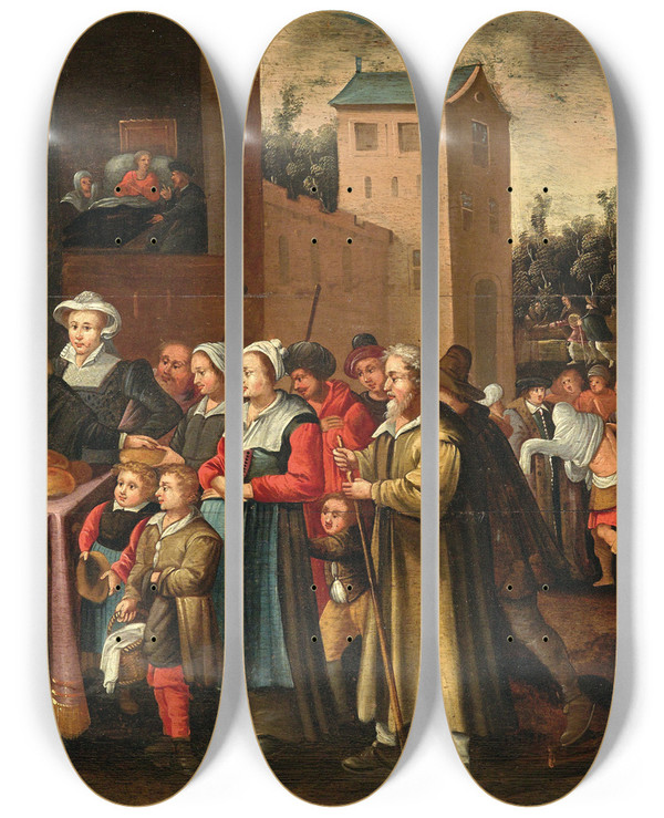 Triptych art skateboard deck of Circle Offrans Francken The Younger The Seven Acts Of Charity by Circle ofFrans Francken the Younger (1581-1642)
