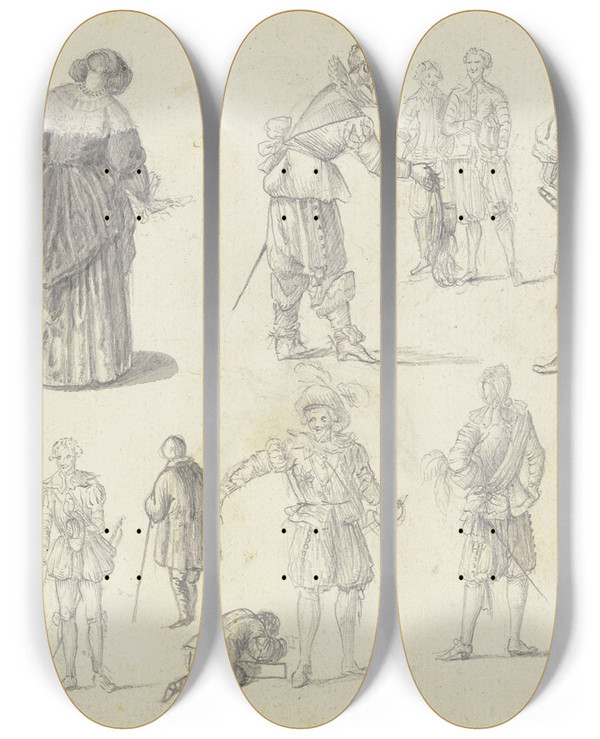 Triptych art skateboard deck of Johann Ludwig Ernst Morgenstern 16 Figure Studies by Johann Ludwig Ernst Morgenstern (1738-1819)