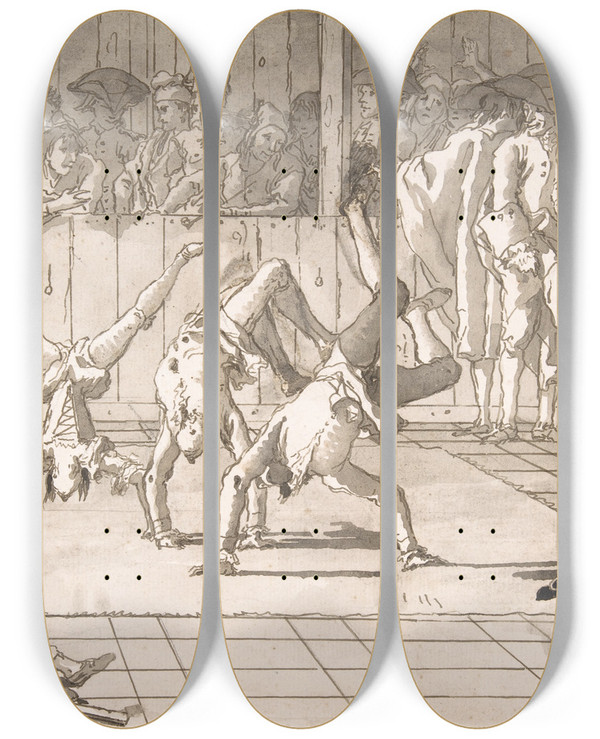 Triptych art skateboard deck of Giovanni Domenico Tiepolo The Acrobats by Giovanni Domenico Tiepolo (1727-1804)