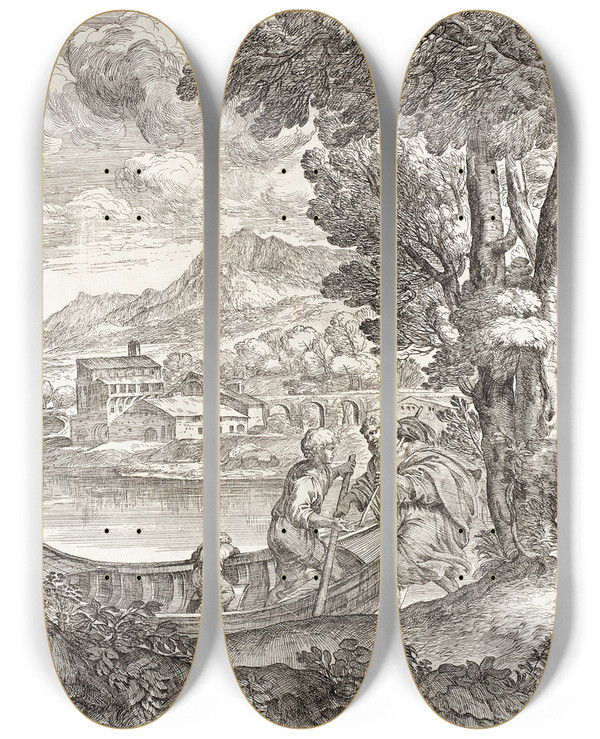 Triptych art skateboard deck of Giovanni Francesco Grimaldi The Flight To Egypt by Giovanni Francesco Grimaldi (1606-1680)