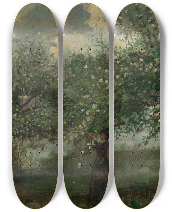 Triptych art skateboard deck of Winslow Homer Girl Picking Apple Blossoms by Winslow Homer (1836-1910)