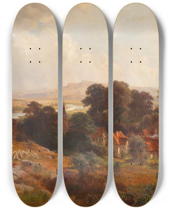Triptych art skateboard deck of Ludwig Halauska Sommerlandschaft by Ludwig Halauska (1827-1882)
