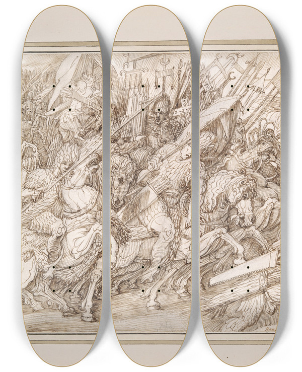 Triptych art skateboard deck of Master Of The Egmont Albums Battlescene by Master Of The Egmont Albums (1580-1590)
