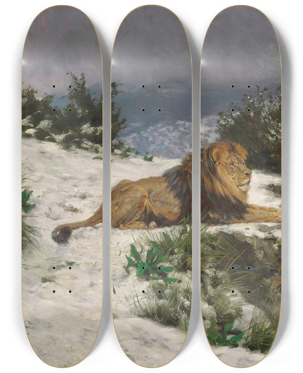 Triptych art skateboard deck of Geza Vastagh A Lion In The Snow by Geza Vastagh (1866-1919)