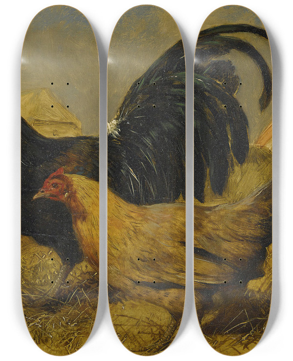 Triptych art skateboard deck of John Frederick Herring Snr The Farm Yarders by John Frederick Herring Snr (1795-1865)