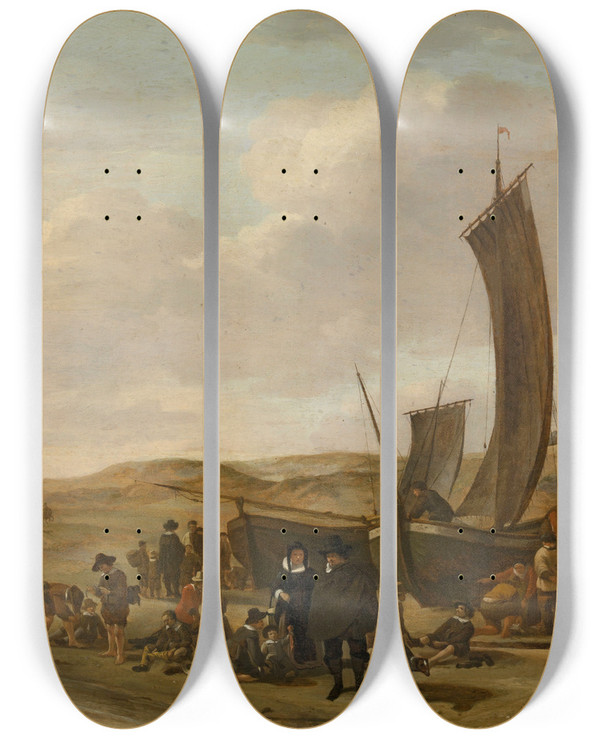 Triptych art skateboard deck of Cornelis Beelt The Beach At Scheveningen by Cornelis Beelt (1630-1702)