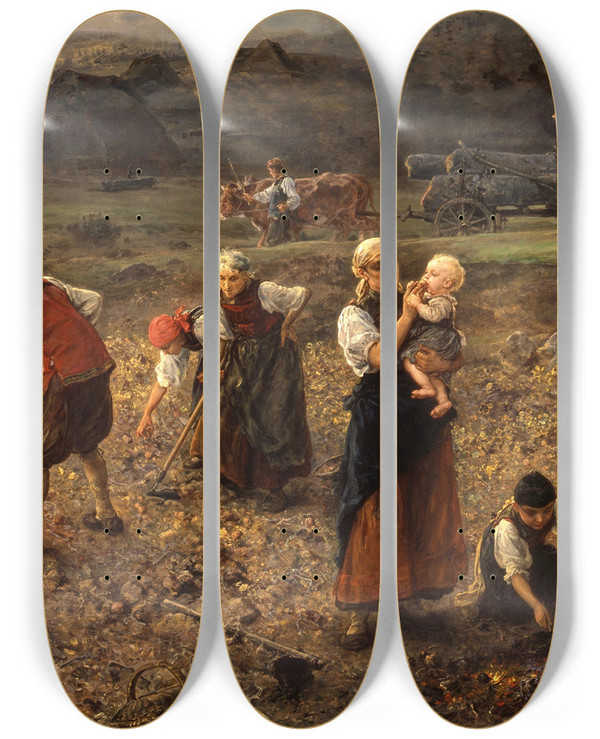Triptych art skateboard deck of Ludwig Knaus Potato Harvest by Ludwig Knaus (1829-1921)