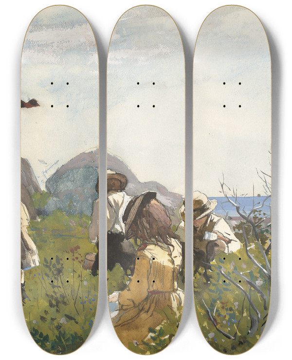 Triptych art skateboard deck of Winslow Homer Berry Pickers by Winslow Homer (1836-1910)