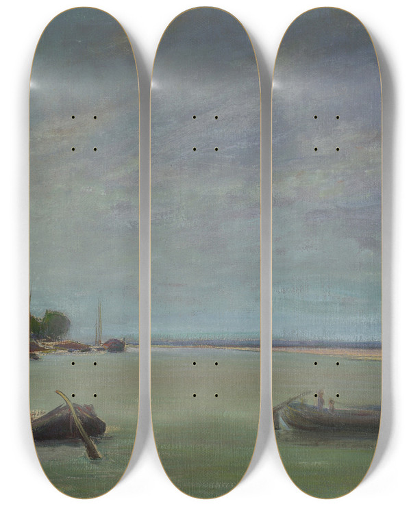 Triptych art skateboard deck of Wadysaw Lewiski Boat With Sails Up by Wadysaw lewiski (1854-1918)