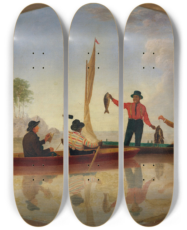 Triptych art skateboard deck of James Goodwyn Clonney What A Catch by James Goodwyn Clonney (1812-1867)
