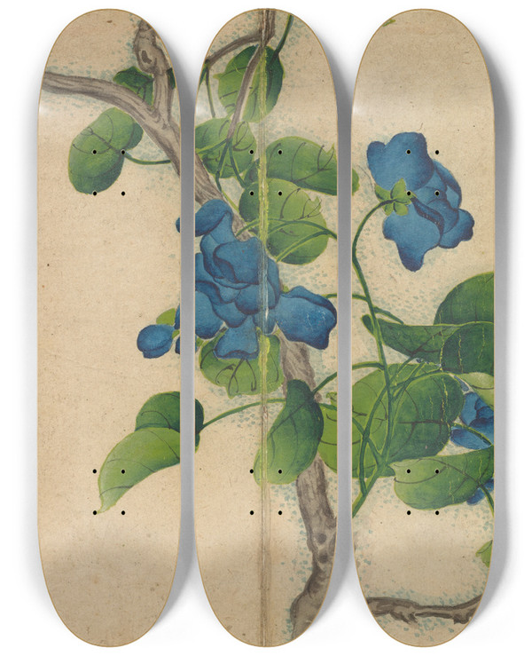 Triptych art skateboard deck of Zhang Ruoai Climbing Blue Flowers by Zhang Ruoai (1713-1746)