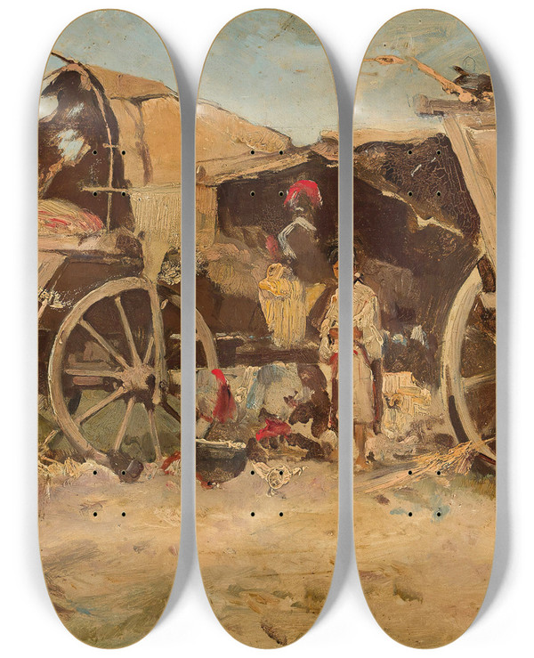 Triptych art skateboard deck of Tadeusz Ajdukiewicz Marketplace In Dobruja by Tadeusz Ajdukiewicz (1852-1916)