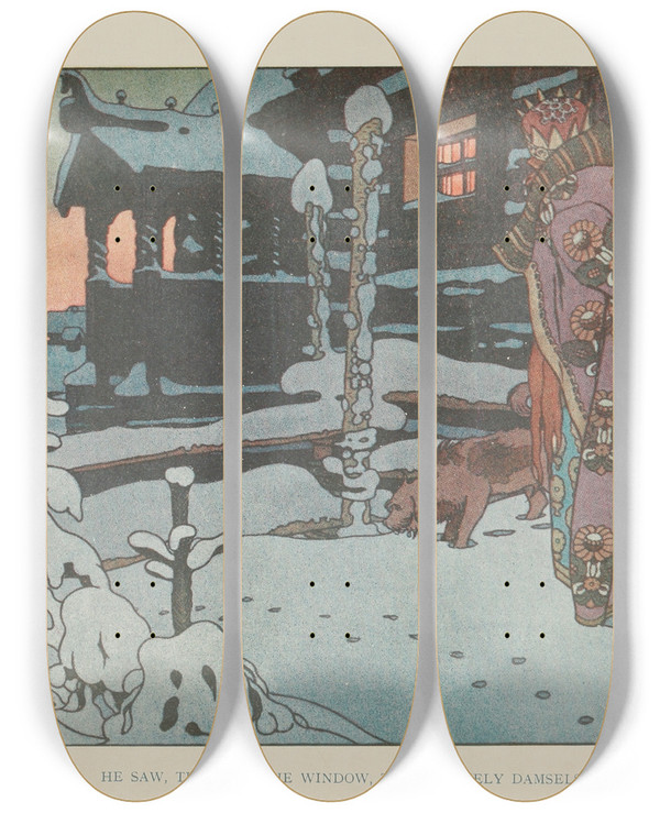 Triptych art skateboard deck of Ivan Bilibin He Saw Through The Window Three Lovely Damsels by Ivan Bilibin (1876-1942)