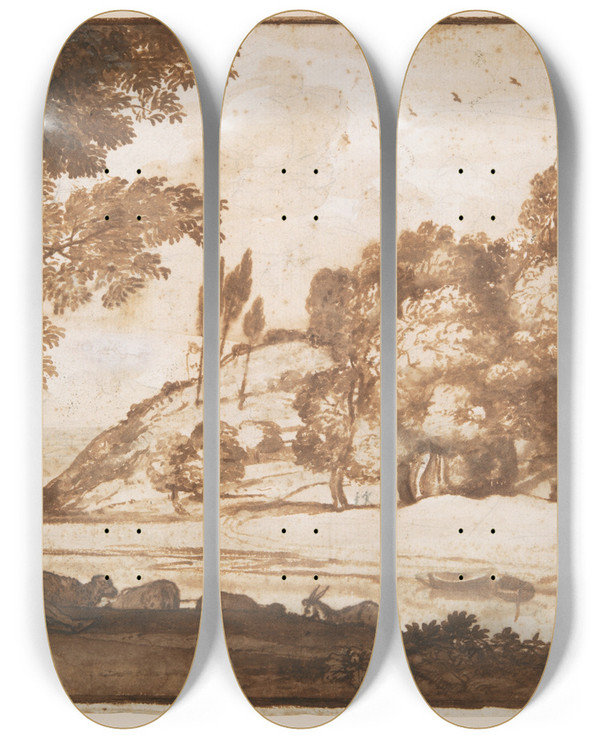 Triptych art skateboard deck of Claude Lorrain Pastorallandscape_2 by Claude Lorrain (1604-1682)