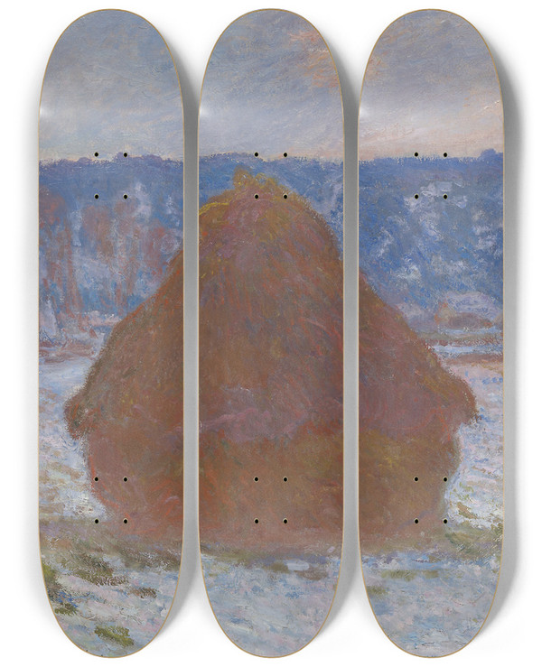 Triptych art skateboard deck of Claude Monet Stack Of Wheat Snow Effect Overcast Day by Claude Monet (1840-1926)