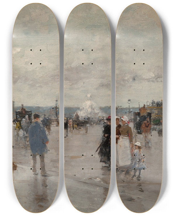 Triptych art skateboard deck of Luigi Loir La Sortie De Paris Porte Dasnires by Loir Luigi (1845-1916)