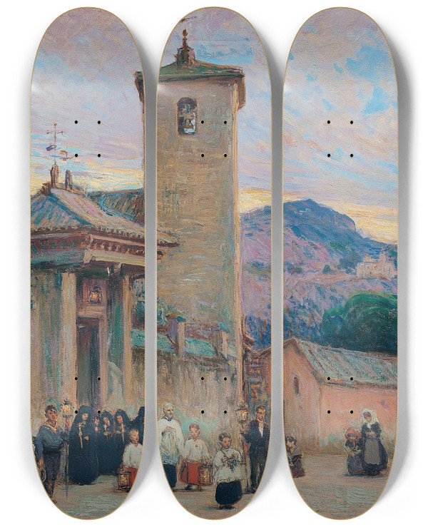 Triptych art skateboard deck of Gonzalo Bilbao Martnez The Viaticum Toledo by Gonzalo Bilbao Martinez (1860-1938)