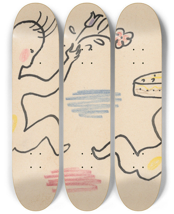 Triptych art skateboard deck of Mikul Galanda Two Angels by Mikulas Galanda (1895-1938)