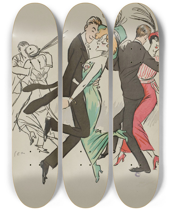 Triptych art skateboard deck of Georges Goursat Sem Anna Held Myriam Danesco Et Marcel Fouquier by Georges Goursat (Sem) (1863-1934)