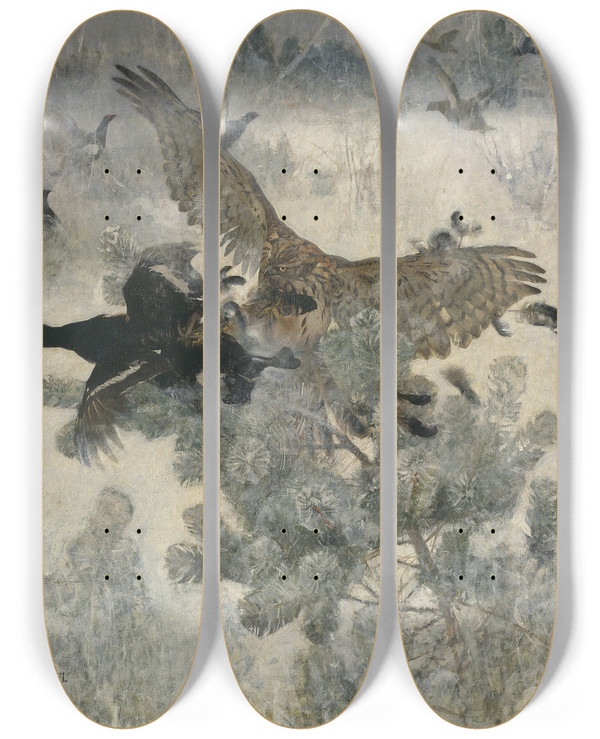 Triptych art skateboard deck of Bruno Liljefors Hawk And Blackgame by Bruno Liljefors (1860-1939)