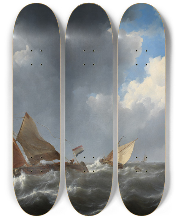 Triptych art skateboard deck of Johannes Christiaan Schotel Turbulent Water by Johannes Christiaan Schotel (1787-1838)