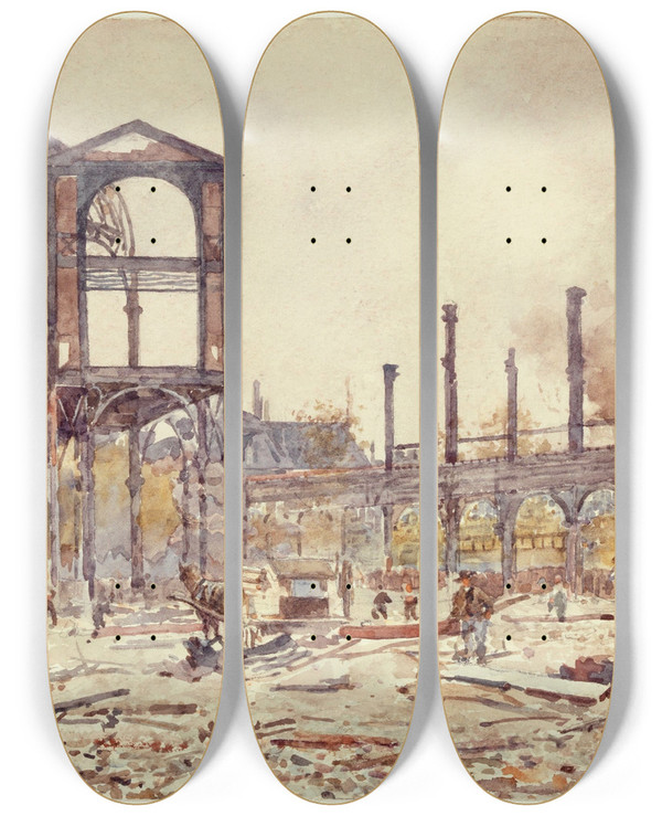 Triptych art skateboard deck of Mariedsir Bourgoin Les Travaux Du March Du Temple_1 by Marie-Dsir Bourgoin (1839-1912)