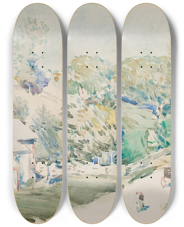 Triptych art skateboard deck of Childe Hassam Country Road by Childe Hassam (1859-1935)