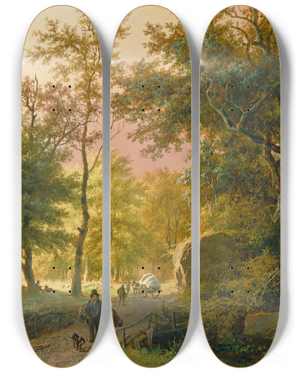 Triptych art skateboard deck of Barend Cornelis Koekkoek Travellers On A Road_2 by Barend Cornelis Koekkoek (1803-1862)