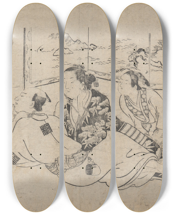 Triptych art skateboard deck of Okumura Masanobu Artist Painting Brazier Cover Two Women Watching by Okumura Masanobu (1686-1764)