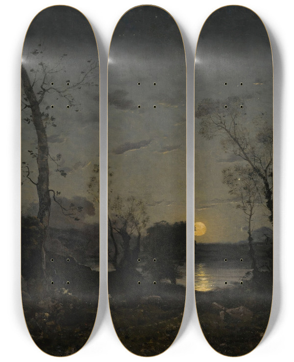 Triptych art skateboard deck of Henrijoseph Harpignies Un Lac Au Clair De Lune by Henri Joseph Harpignies (1819-1916)