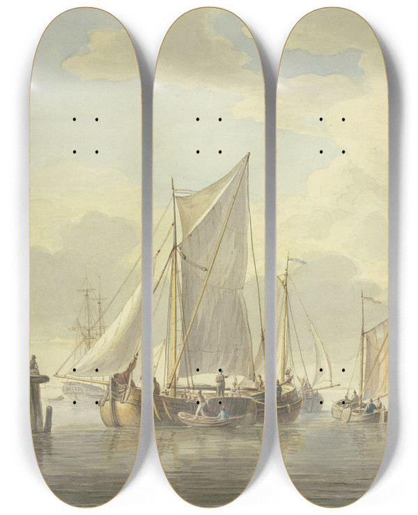 Triptych art skateboard deck of Martinus Schouman Ruhige See Mit Vielen Schiffen Vorne Ein Boot Mit Drei Ruderern Und Einer Frau by Martinus Schouman (1770-1848)